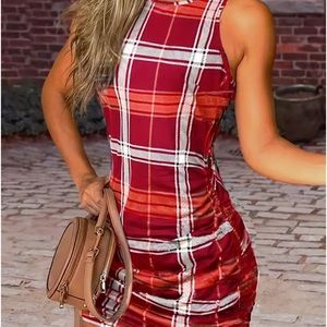 Plaid Print Drawstring Dress, Elegant Crew Neck
